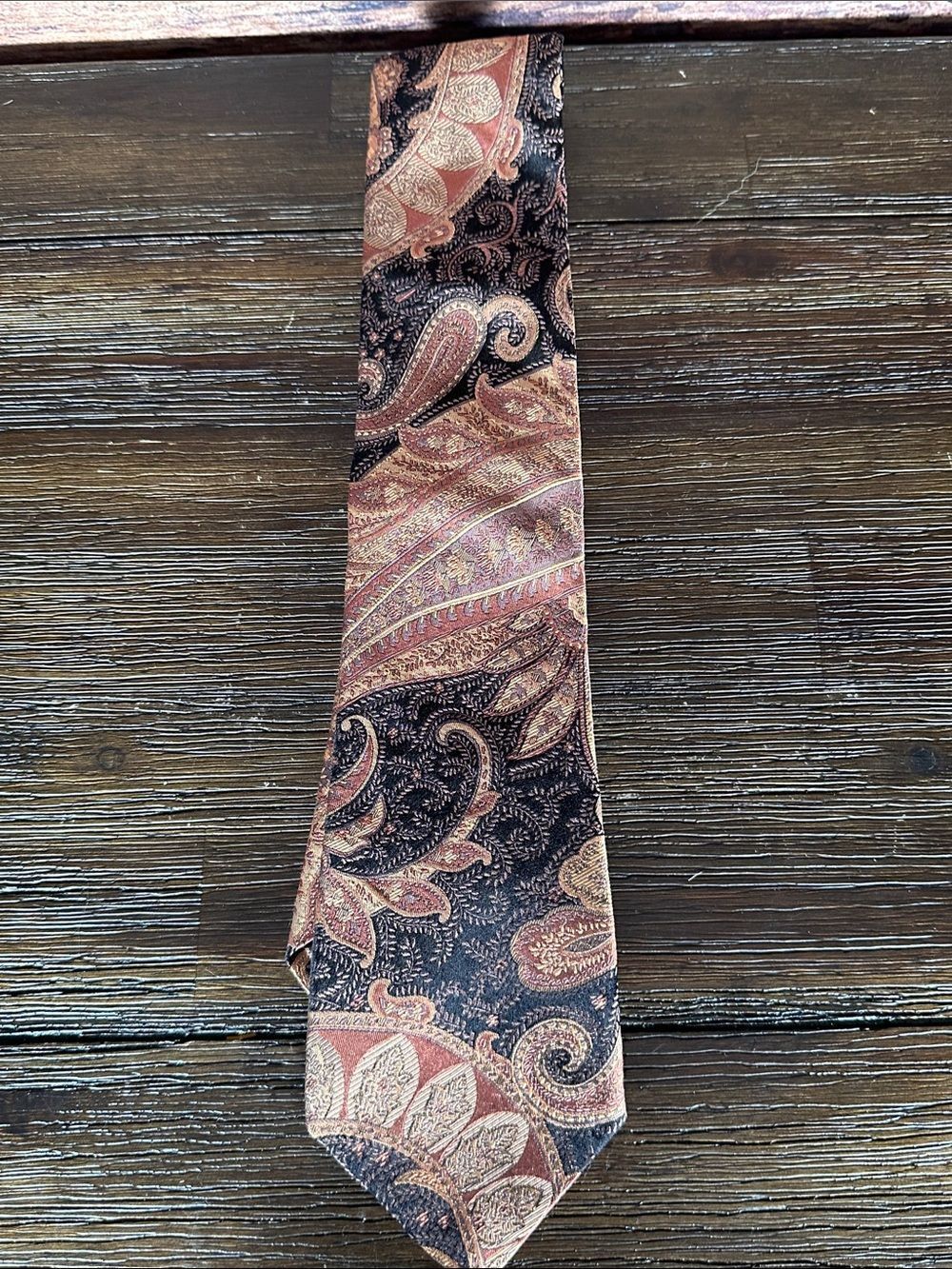 Ike Behar Silk Black Tie with Orange and Tan Paisley